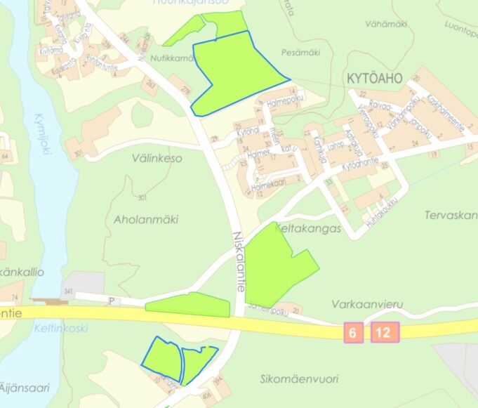 Kartta kohteen 6 vuokrattavista peltoaloista Kuusankoskella.