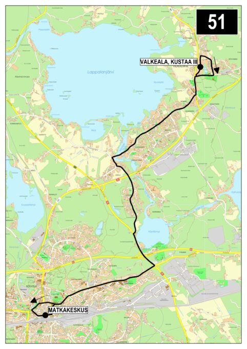 Linjan 51 reittikartta Matkakeskukselta Valkealaan.