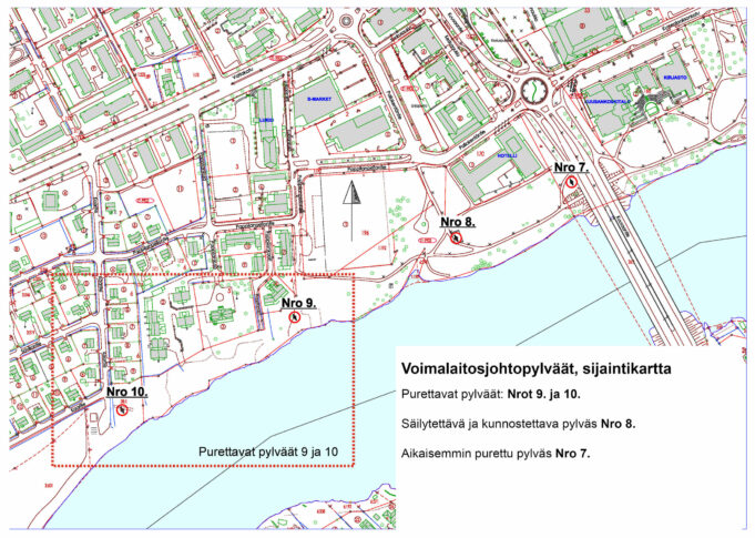 Kartta pylväiden sijainnista, ei saavutettava