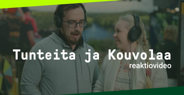 Taustalla mies ja nainen. Päällä teksti Tunteita ja Kouvolaa -reaktiovideo sekä Kouvolan graafiset viisteet.